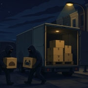 Fostoria News Nighttime street with two thieves unloading boxes from a truck.